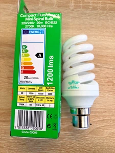 20W BELL CFL Spiral Bayonet Light Bulbs B22 BC Low Energy Lamp 2700K 05005 - Picture 1 of 2