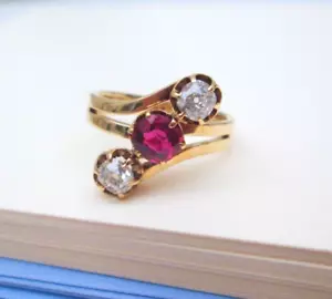 Antique 14ct Yellow Gold 3 Old Mine Cut Natural Ruby & Diamond Trilogy Ring - Picture 1 of 8