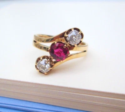 Antique 14ct Yellow Gold  3 Old Mine Cut Natural Ruby & Diamond Trilogy Ring - Image 1 of 4
