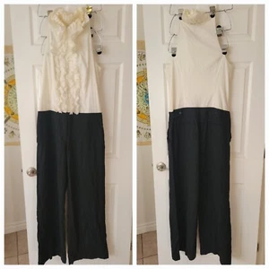 BCBG Maxazria Wide Leg Trouser Jumpsuit SZ 12 Ruffled Sleeveless White/Black - Picture 1 of 11