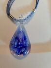 Blue Glass Flower Pendant Necklace  On Ribbon Chain Aprox 20 In Faceted Bead