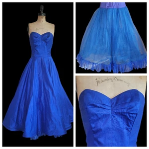Designer des Jahres 80er macht 50er blau Shantung Seidenkleid passend Reifrock S - Bild 1 von 9