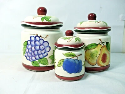 Hausenware Mary Jane Mitchell Ceramics 3 Piece Round Canisters Set Fruit Design  - Image 1 of 4