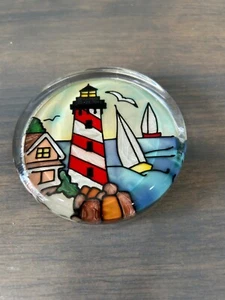 Vintage Joan Baker Stained Glass Lighthouse Sailboat Paperweight Hand Painted - Picture 1 of 5