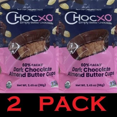 2x ChocXO 60% Cacao Orgánico Chocolate Oscuro Almendras Mantequilla Tazas 3.45 OZ Bolsa 2 PACK Foto 1 de 3