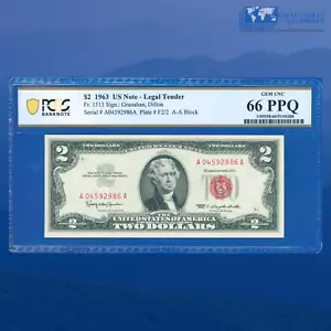 Fr.1513 1963 $2 Two Dollars Legal Tender Note Red Seal, PCGS GEM 66 PPQ #92986 - Picture 1 of 2