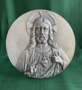 Silver Brass Repose Medallion SACRED HEART JESUS CHRIST Signed Ruffony France - Picture 1 of 12
