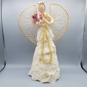 Vintage Abaca Engel Dekor stehende Figur 12" Blumenstrauß Spitze Rock - Bild 1 von 10