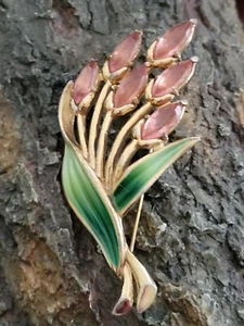 Early CORO Pink Rhinestone & Green Enamel Floral Flower Pussy Willow?  Brooch - Picture 1 of 17
