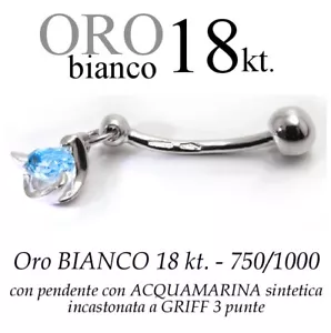 Piercing Nombril Ventre or Blanc 18kt. Pendentif Aigue-Marine White Or 18kt - Photo 1/5