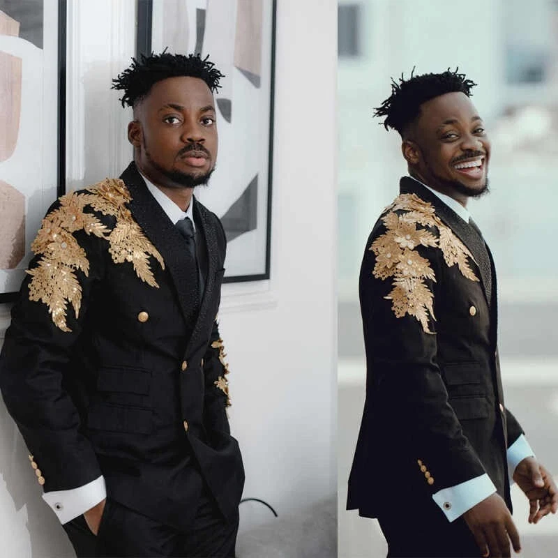 Boda Esmoquin Apliques Lentejuelas Hombres Traje Chal Solapa Chaqueta Fiesta Novio Blazer Foto 1 de 1