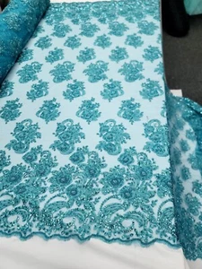 Turquoise Beaded Lace Fabric by the Yard - Floral Embroidery for Prom and Bridal - Picture 1 of 11