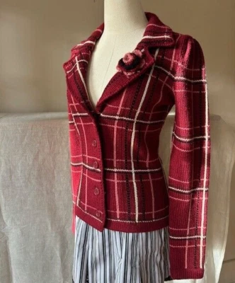 Vintage Betsey Johnson Plaid Embroidered Details Knit Cardigan Size M - Image 1 of 4