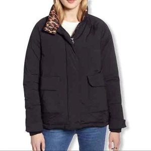 Halogen black animal contrast puffer coat Small new - Picture 1 of 10
