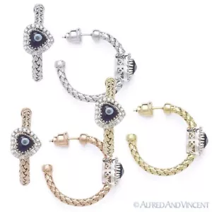 Orecchini Cerchio Diamante Cuore & Malocchio Turco Nazar Greco Ciondolo Argento Sterling - Foto 1 di 4