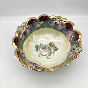 Antique ELEANOR Germany Footed Bowl Cabbage Rose Iris, Ceramic Porcelain Signed - Picture 1 of 13