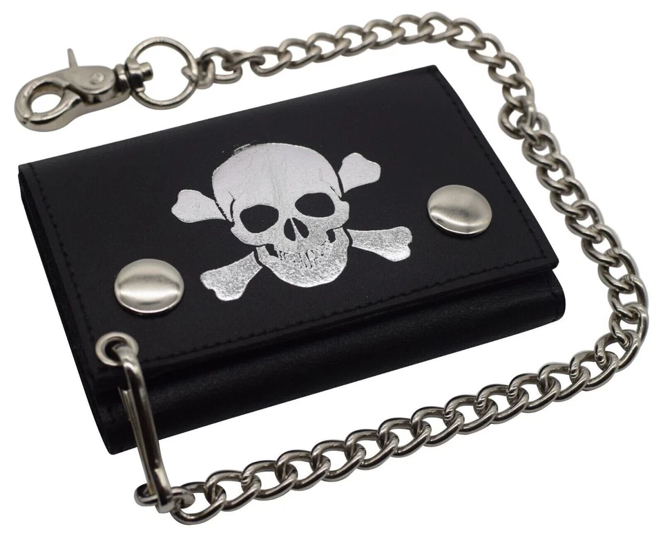 Mens Wallets Black Trifold RFID Protection Real Leather Skull Biker Chain Men - Image 1 of 1