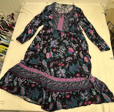 Lane Bryant dress peasant style womens sz14 floral/paisley design blk/teal/purpl - Image 1 of 4