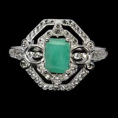 925 Sterling Silver Ring Octagon Emerald 7x5mm Topaz Gemstone Jewelry Size 8.5 - Image 1 of 4
