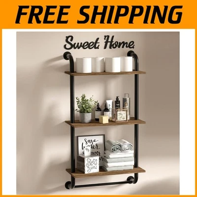 Versatile 3-Tier Floating Shelf: Rustic Wood & Stainless Steel for Home Decor - Image 1 of 4