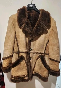 1970s Marlboro Man Vintage Shearling Coat*sz38*Camel Exterior/Dark Brn Shearling - Picture 1 of 18