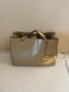 Michael Kors Gold Tone Leather Zip Top Snap Tote Shoulder Bag Purse 14X10X5 - Picture 1 of 23