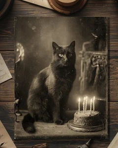 Vintage Victorian Black Cat with Birthday Cake Card Gothic Macabre Art Antique - Picture 1 of 4