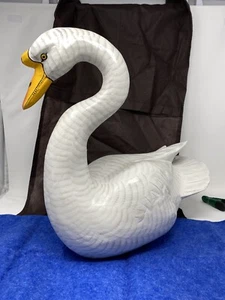 Vintage 16” Sitting White Swan Bird Statue wood decor - Picture 1 of 8