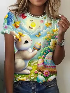 Women's Fashion Casual Short Sleeve Easter Bunny Egg Print Round Neck Top - Picture 1 of 33