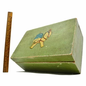 VTG/Antique WOOD TRINKET CHEST Old Green WOODEN FOLK ART BOX Hand-Painted Horse - Picture 1 of 12