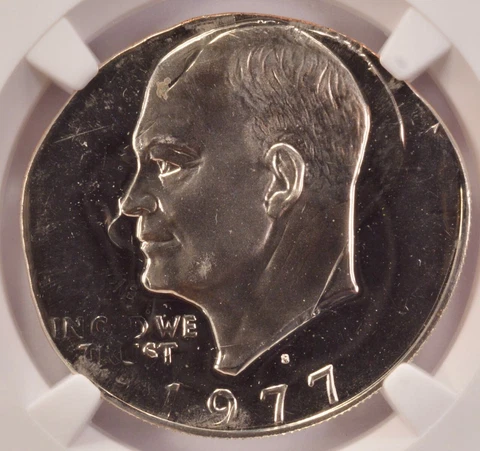 1977-S Proof Ike Dollar Struck on 50c Planchet & Double-Struck NGC PF68 Cameo Cover