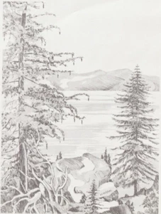 1964 Lake Tahoe California Sketch Print Valentine Greeting Card Mitchell - Picture 1 of 3
