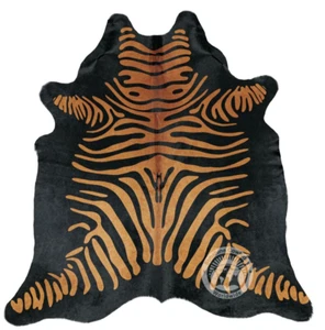 Real Cowhide Rug Zebra Printed Brown Stripes on Black - Size 6x6-7' - Picture 1 of 10