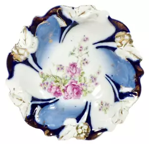 Flow Blue Porcelain Bowl Royal China Germany Pink Roses Gold Antique - Picture 1 of 8