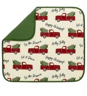 NUEVO - Alfombra de secado de tela de 16 pulgadas x 18 pulgadas, verde Let It Snow Red Camión Navidad Foto 1 de 4