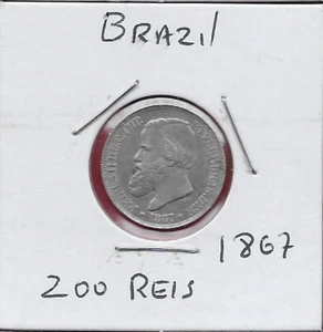 BRAZIL 200 REIS 1867 PETER II THE MAGNANIMOUS 1831-1889,THE DENOMINATION WITHIN - Picture 1 of 2