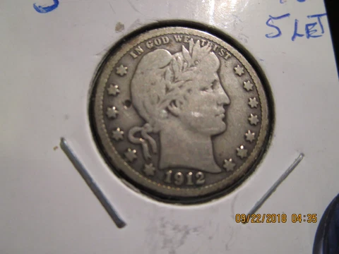 1912-S Barber Quarter  VG +++ Cover