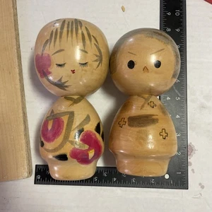 7” Kokeshi Wood Doll Japanese Pair Little Boy Vintage Natural Color - Picture 1 of 10