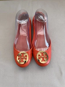Tory Burch Reva Orange Leather Ballet Flats 7.5 With Brass Logo - Picture 1 of 9