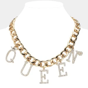 Gold Tone Queen Letter Charm Chain Necklace Iced Out Bling Pendant Jewelry - Picture 1 of 2