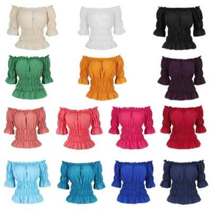 Cosplay Pirate Blouse Women Medieval Peasant Costume Off Shoulder Sleeves Shirt - Picture 1 of 33