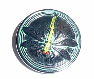 Awesome Green Dragonfly Black Opaque Czech Glass Shank Button 31.5mm Dragonfly - Picture 1 of 8