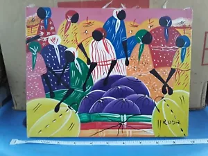 🔥 VINTAGE ORIGINAL HAITIAN ART PAINTING, Outdoor Vendors HAITI signed - Picture 1 of 3