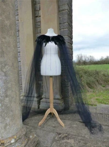 Black Bride Cloak Feather Long Robe Witch Capes Halloween Costume Outfit Stage - Picture 1 of 5