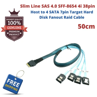 Slim Line SAS4.0 SFF-8654 38pin Host to 4-SATA 7Pin Target HDD Fanout Raid Cable - Bild 1 von 4