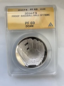 2014 P $1 NAT'L BASEBALL HOF PF 69 DCAM SILVER DOLLAR, ANACS CERTIFIED - Picture 1 of 4