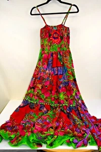 ANTICA SARTORIA 2022 RED WITH GREEN CORAL LONG SMOCKED TOP DRESS NWT OS - Picture 1 of 6