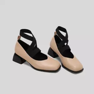 Women's Elastic Strap Square Toe Shoes Shallow Spring Pu Leather Pumps 34-48 - Picture 1 of 16