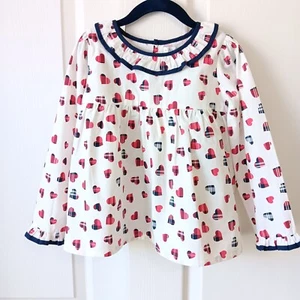 Rachel Riley Girl's Ivory Navy/Red Tartan Heart Ruffle Top Size 5Y - Picture 1 of 14