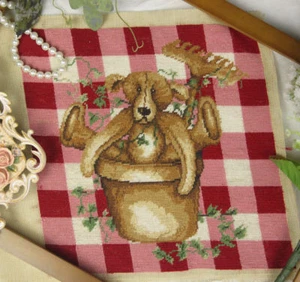 CUTE MINI BEAR IN URN COMPLETED WHOLE PETIT POINT TAPESTRY CANVAS - Picture 1 of 5